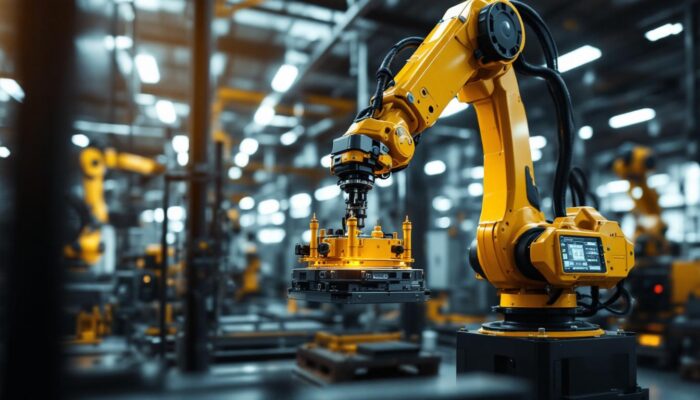 A photograph of a dynamic industrial setting featuring a robotic arm in action