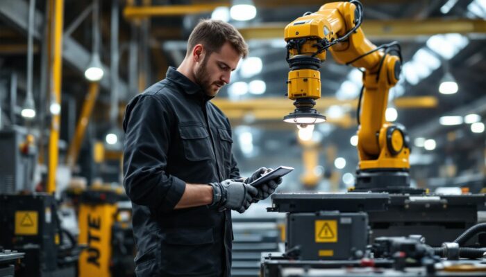 A photograph of a skilled technician operating an industrial robotic arm in a bustling tool rental facility