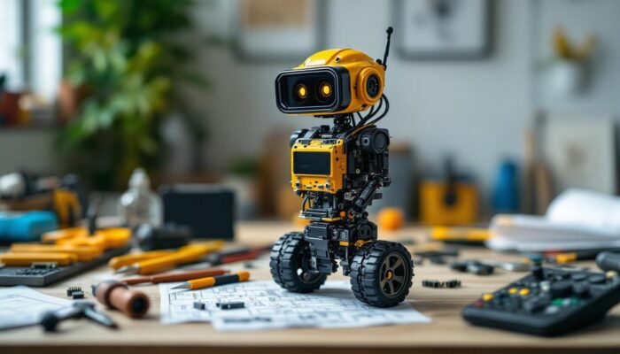 A photograph of capture a photograph of a diy workspace featuring a partially assembled robot