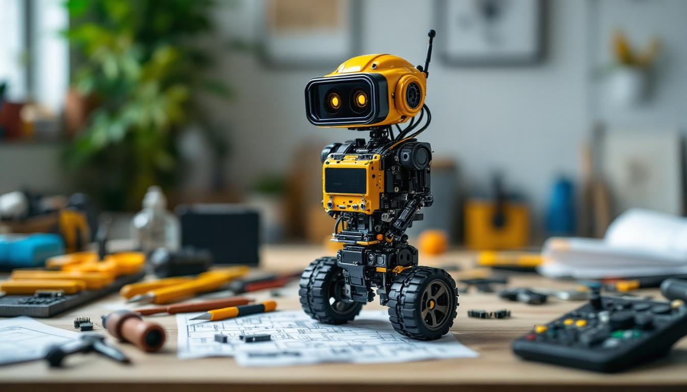 A photograph of capture a photograph of a diy workspace featuring a partially assembled robot