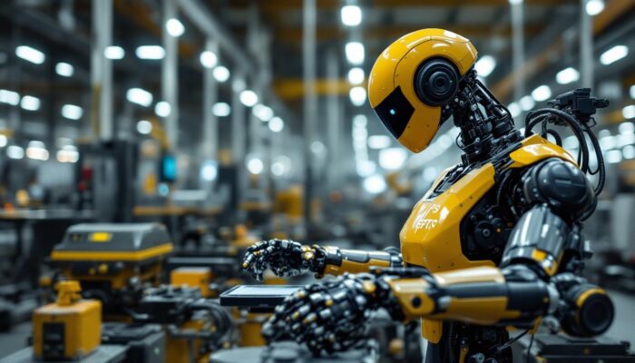 A photograph of a sleek industrial robot in action within a manufacturing environment