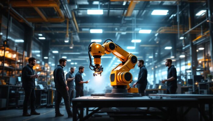 A photograph of a dynamic industrial robotics environment