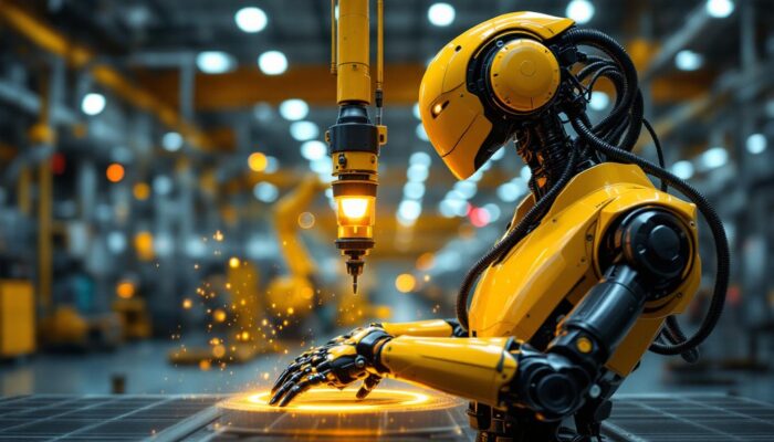 A photograph of a high-tech industrial robot equipped with a lidar sensor in action