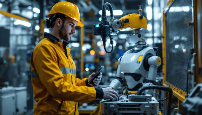 A photograph of a skilled technician performing routine safety checks on an industrial robot in a manufacturing setting