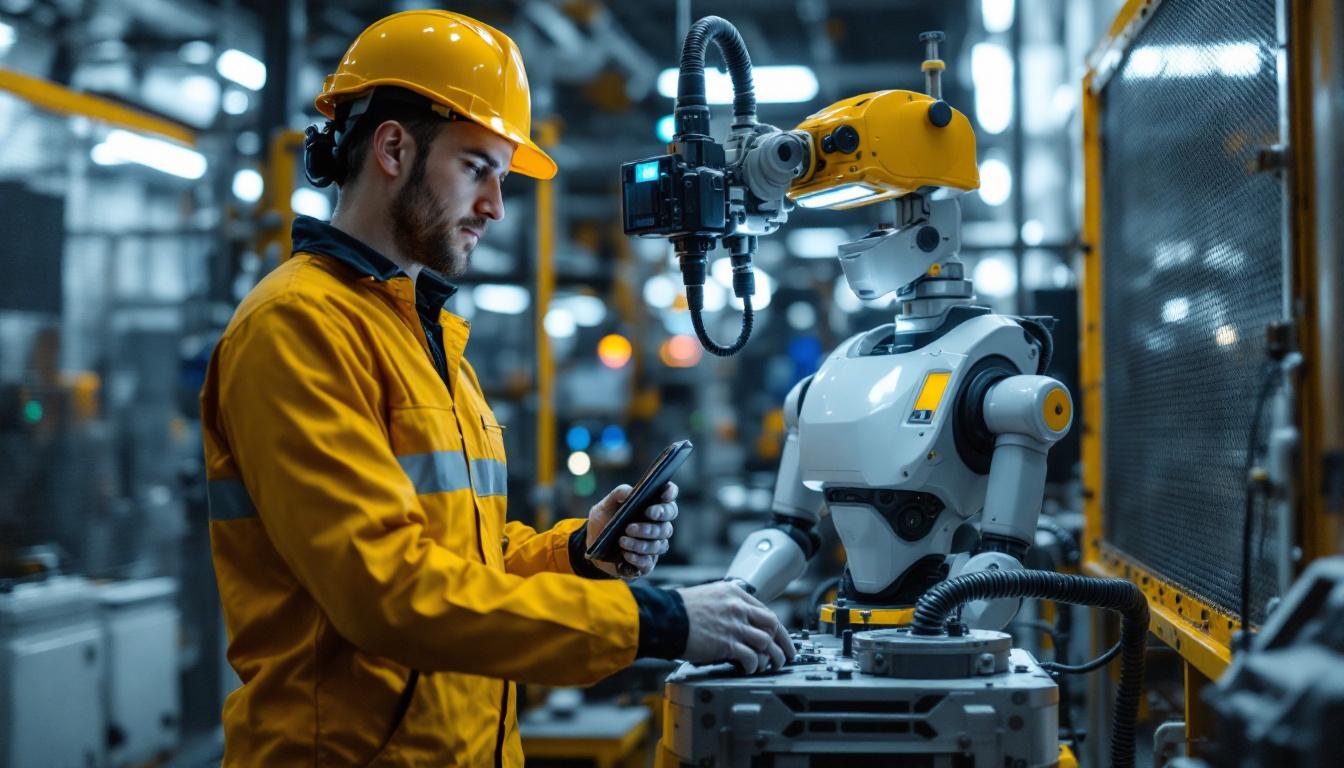 A photograph of a skilled technician performing routine safety checks on an industrial robot in a manufacturing setting