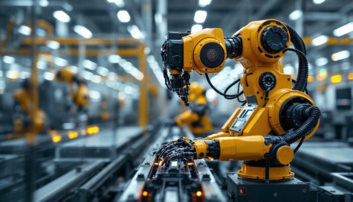 A photograph of a sleek industrial robot in action within a modern swiss manufacturing facility