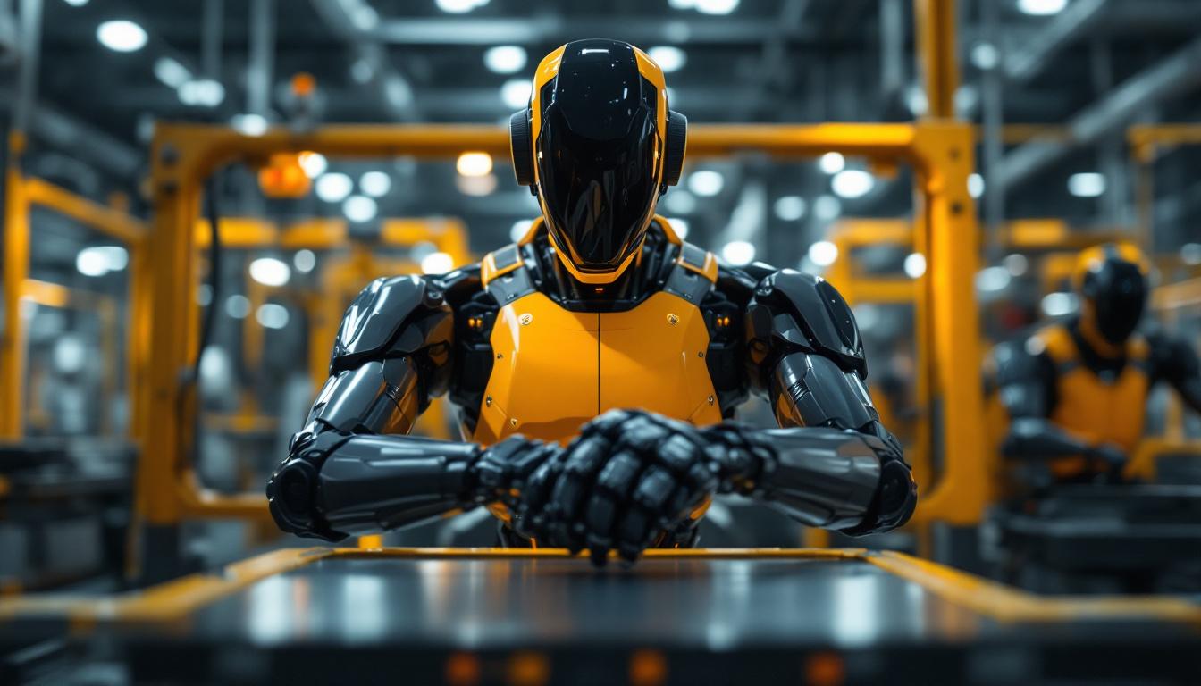 A photograph of a sleek industrial robot in action within a modern manufacturing environment