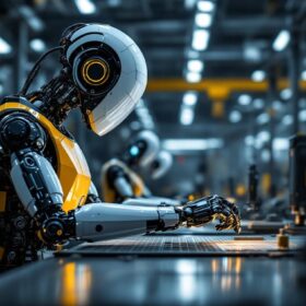 A photograph of a sleek industrial robot in action within a modern manufacturing facility