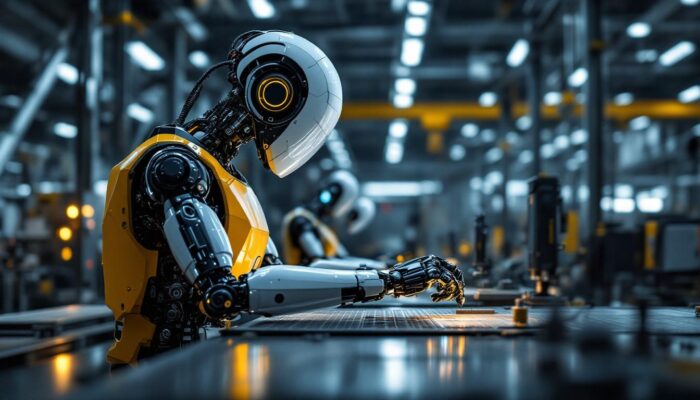 A photograph of a sleek industrial robot in action within a modern manufacturing facility