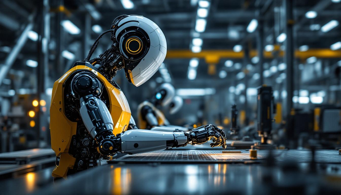 A photograph of a sleek industrial robot in action within a modern manufacturing facility