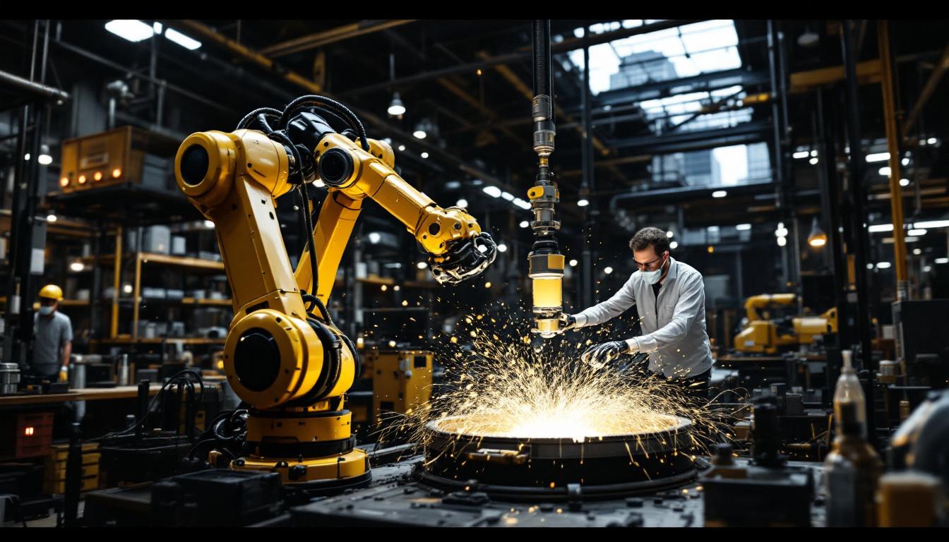 A photograph of a bustling boston industrial scene featuring a robotic arm in action