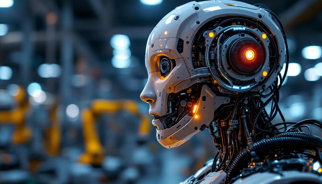 A photograph of a close-up view of an industrial robot's intricate internal components