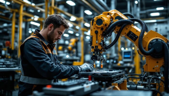 A photograph of a skilled technician programming or operating an industrial robot in a modern manufacturing facility