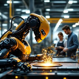 A photograph of a sleek industrial robot in action