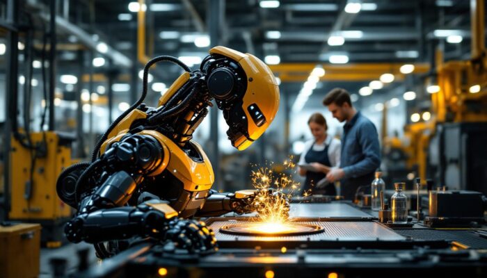 A photograph of a sleek industrial robot in action