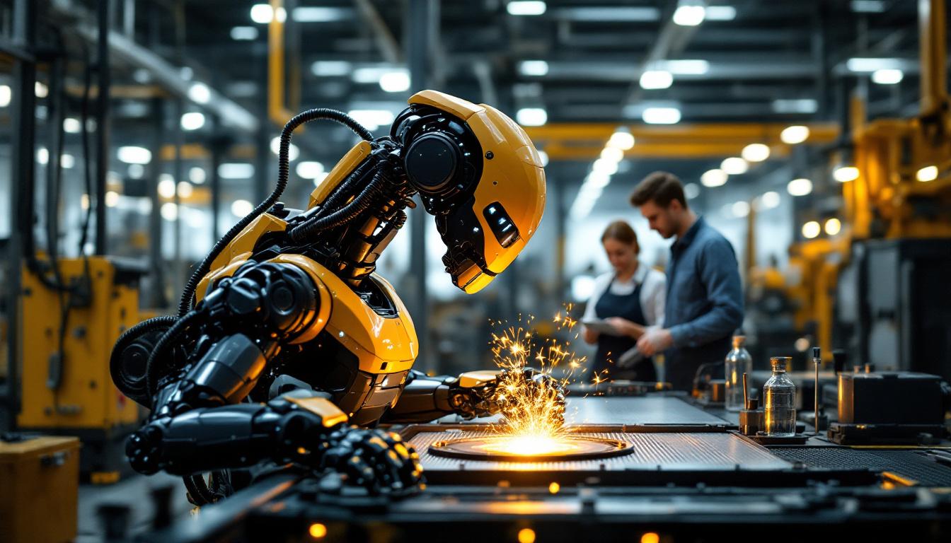 A photograph of a sleek industrial robot in action