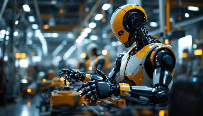 A photograph of a state-of-the-art industrial robot in action within a manufacturing setting