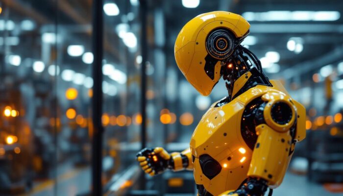 A photograph of a sleek industrial robot in action within a modern manufacturing environment