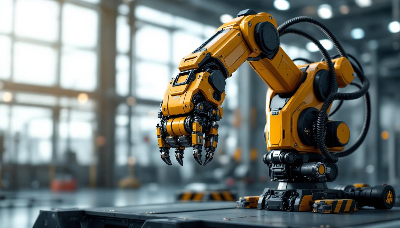 A photograph of a highly detailed industrial robotic arm in action