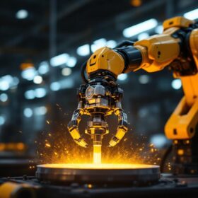 A photograph of a sleek industrial robotic arm in action