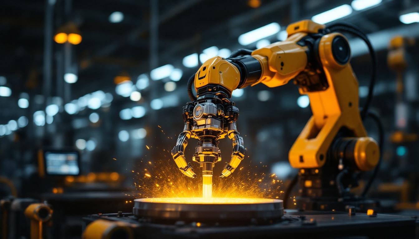 A photograph of a sleek industrial robotic arm in action