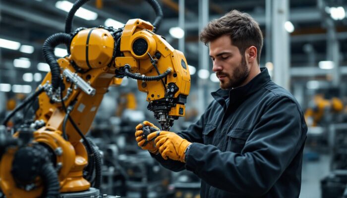 A photograph of a skilled mechanical engineer working on an industrial robotic arm in a modern manufacturing facility