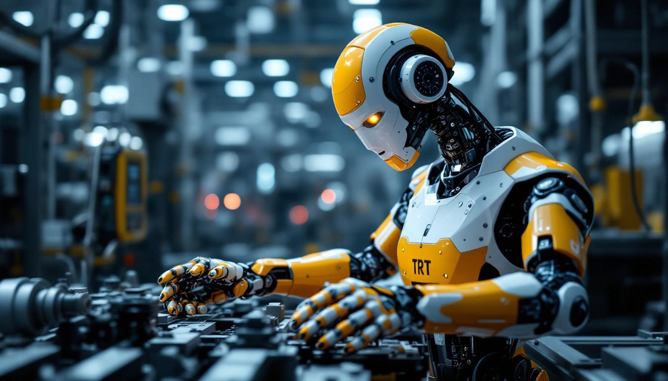 A photograph of a sleek industrial robot in action within a manufacturing environment