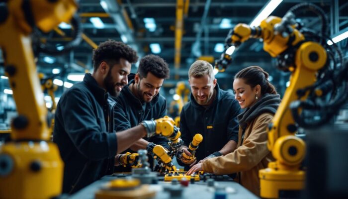 A photograph of a dynamic scene showcasing a diverse group of interns engaged in hands-on work with industrial robots in a modern manufacturing environment