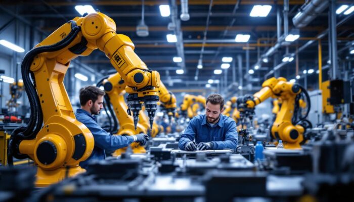 A photograph of capture a photograph of a bustling industrial robotics facility in boston or washington