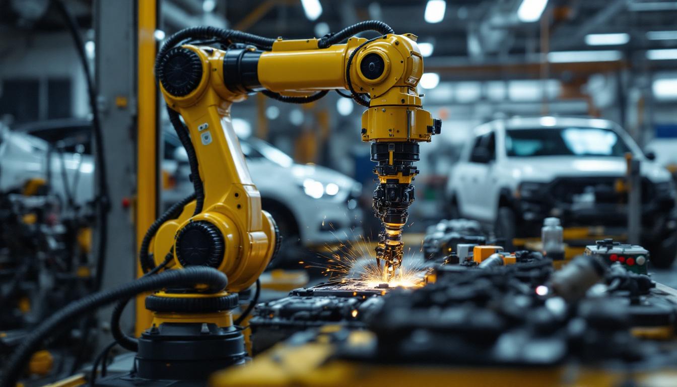 A photograph of a sleek industrial robotic arm in action