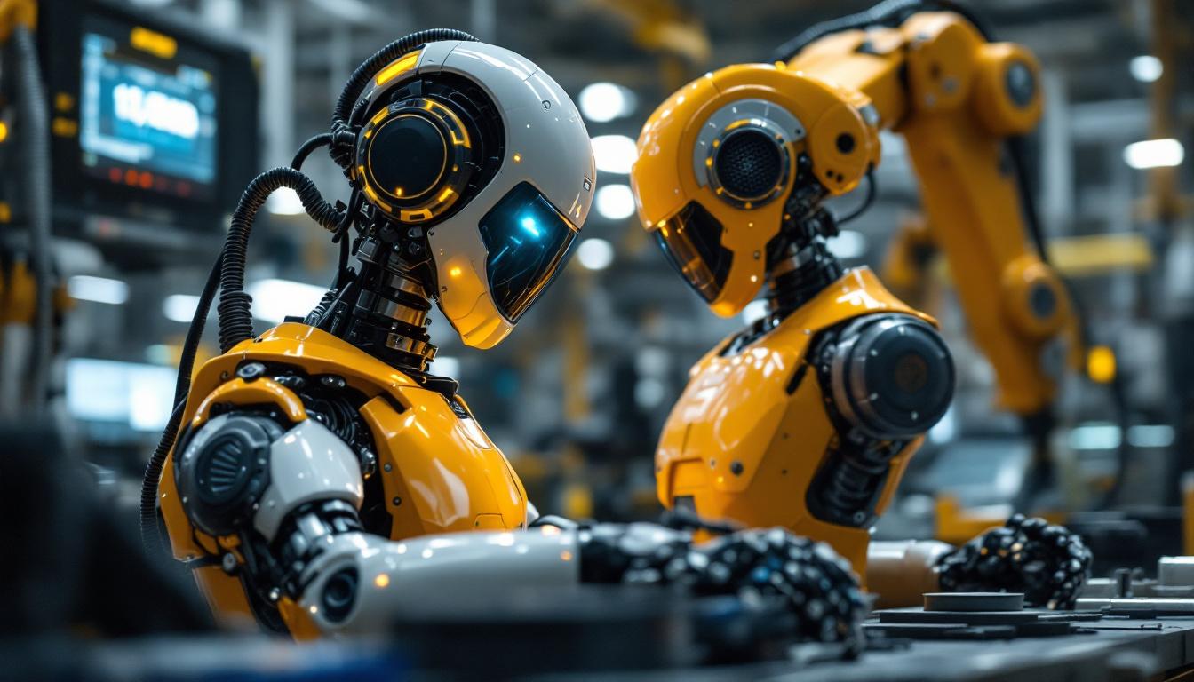 A photograph of a sleek industrial robot in action within a modern manufacturing environment