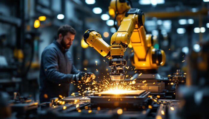 A photograph of a state-of-the-art industrial robotic arm in action