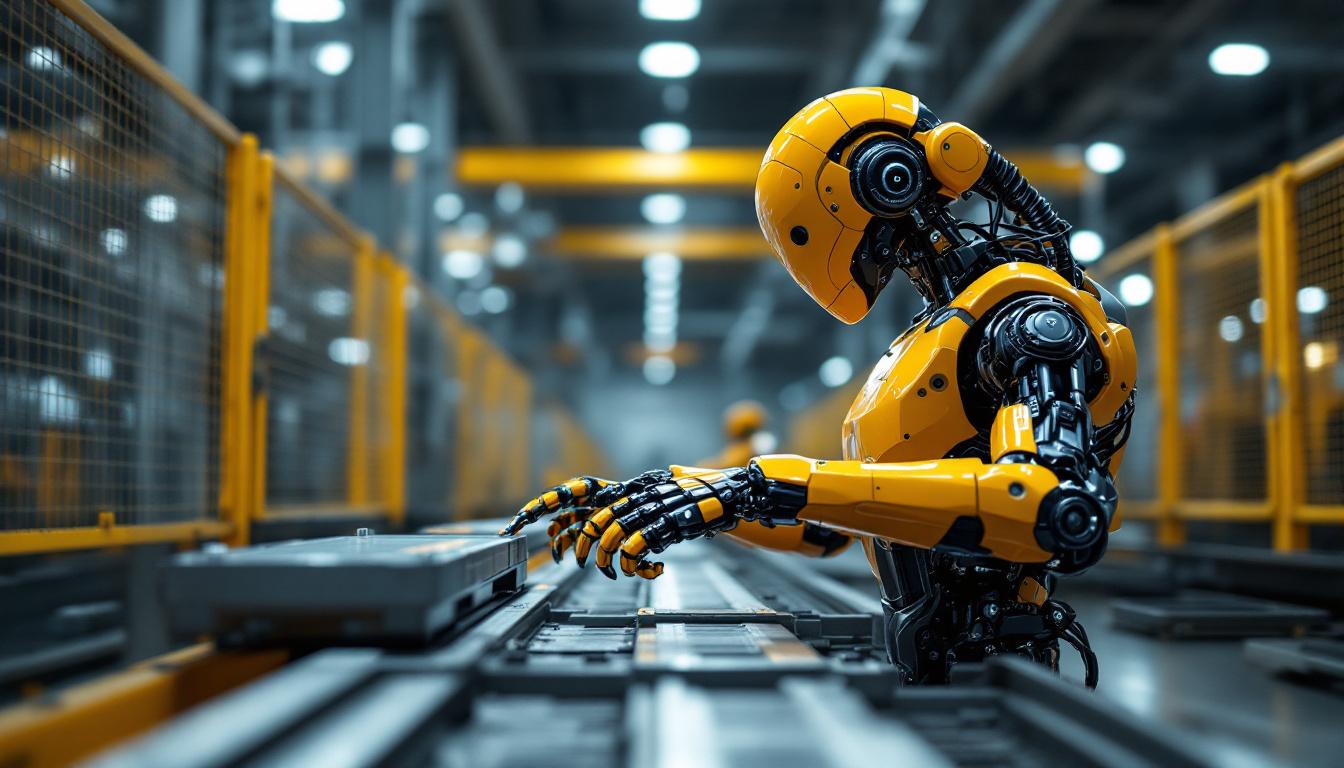 A photograph of a sleek industrial robot maneuvering through a factory setting