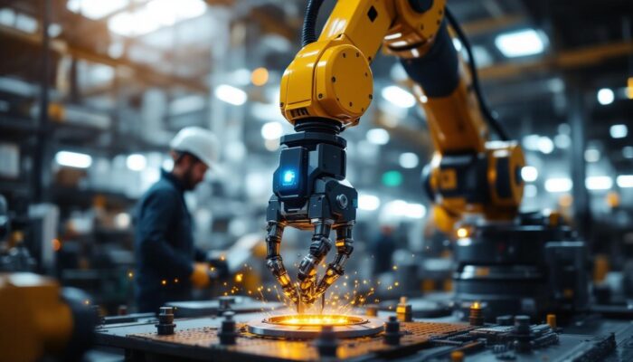 A photograph of a dynamic industrial robotics setting