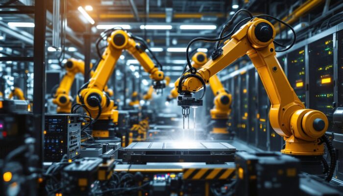 A photograph of a dynamic industrial robotics environment within a data center