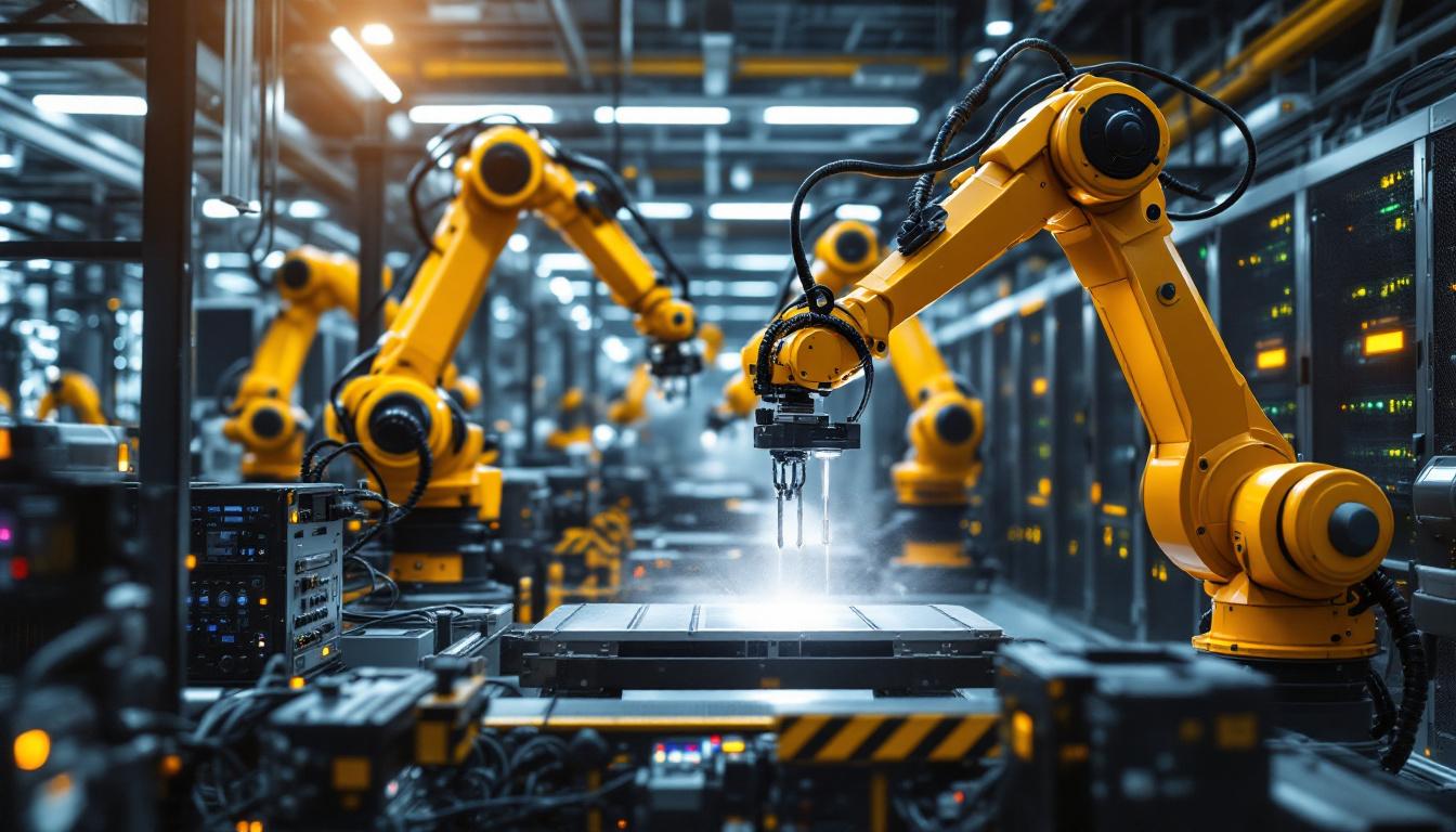 A photograph of a dynamic industrial robotics environment within a data center