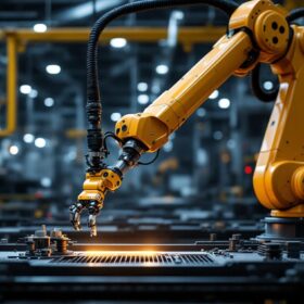 A photograph of a sleek industrial robotic arm in action within a modern manufacturing environment