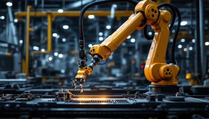 A photograph of a sleek industrial robotic arm in action within a modern manufacturing environment