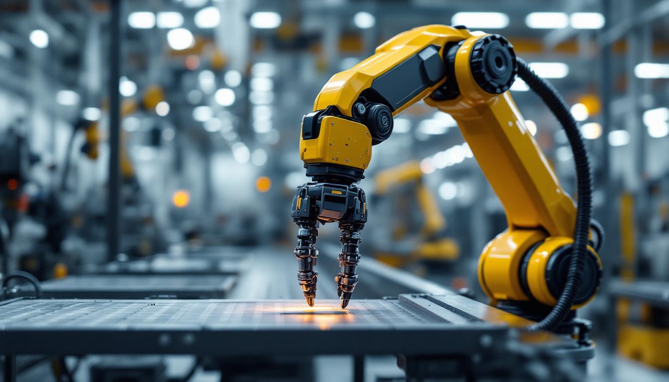 A photograph of a sleek industrial robotic arm in action within a modern manufacturing environment