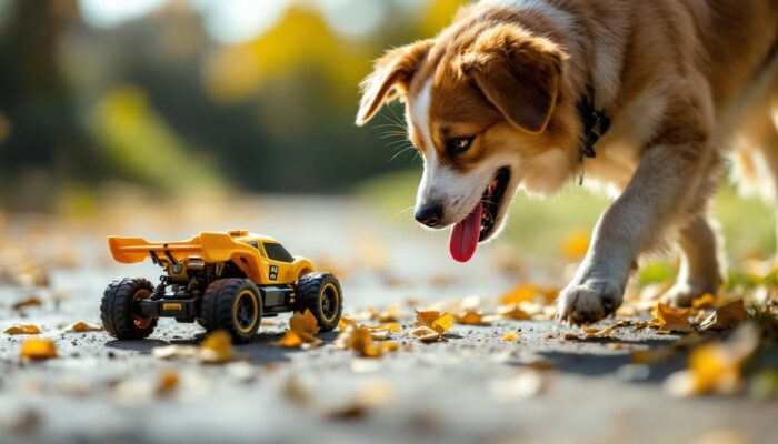 A photograph of a playful dog interacting with a remote control car in an outdoor setting