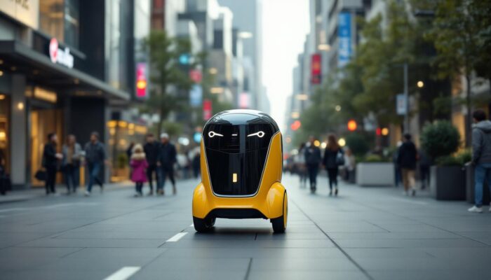 A photograph of a sleek delivery robot navigating a bustling urban environment