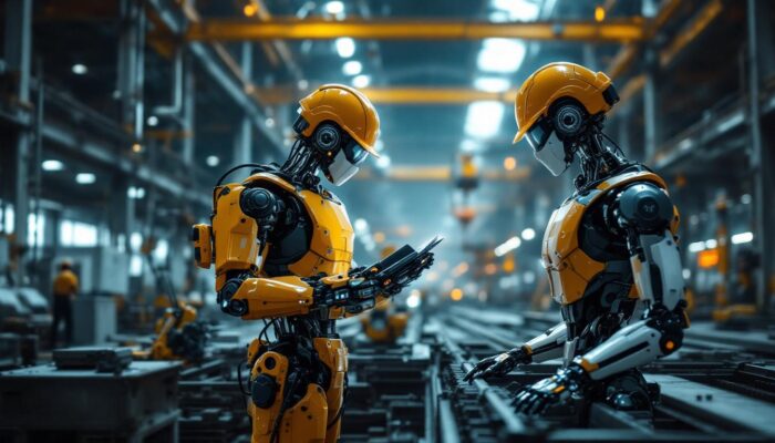 A photograph of a modern construction site featuring industrial robots in action