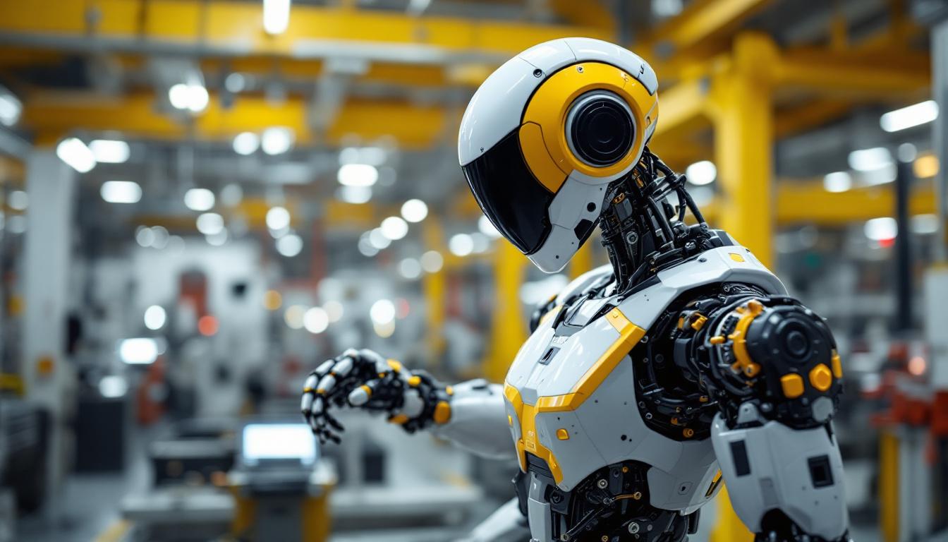 A photograph of a sleek industrial robot in action within a modern manufacturing facility