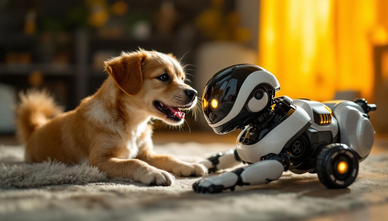 A photograph of a playful dog interacting with a robotic device