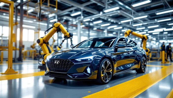 A photograph of a sleek hyundai vehicle in a modern manufacturing facility