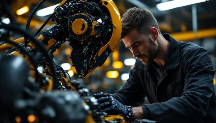 A photograph of a mechanic working on an industrial robot in a well-lit workshop