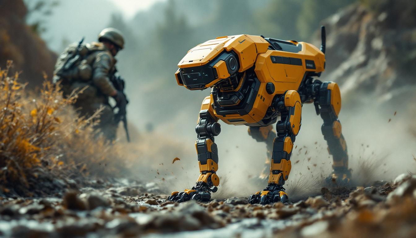 A photograph of a military robotic dog in action