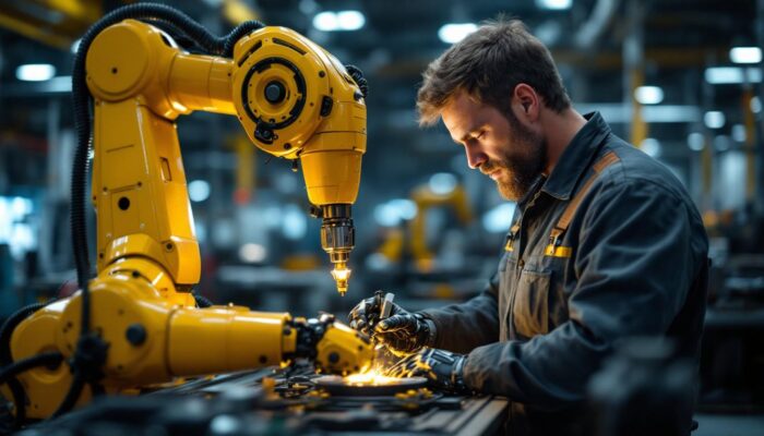A photograph of a skilled outside machinist working alongside an industrial robot in a vibrant manufacturing environment