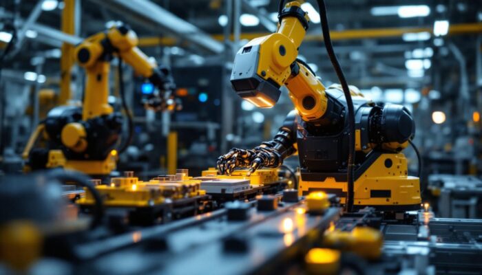 A photograph of a sleek industrial robot in action within a modern manufacturing facility