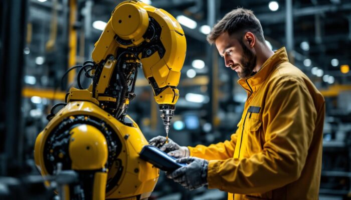 A photograph of a skilled mechanical engineering technician programming or working alongside an industrial robot in a modern manufacturing environment